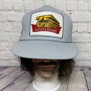 Vintage Trucker Hat Mesh Cap Snapback Gray UFA 75th Anniversary Farmers Patch
